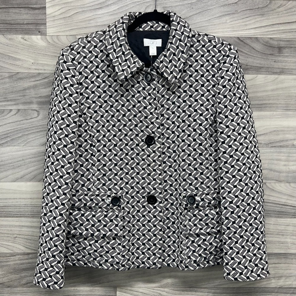 Ann Taylor Loft Peacoat Womens Size 16 Black Geometric Print Tweed Button Front‎